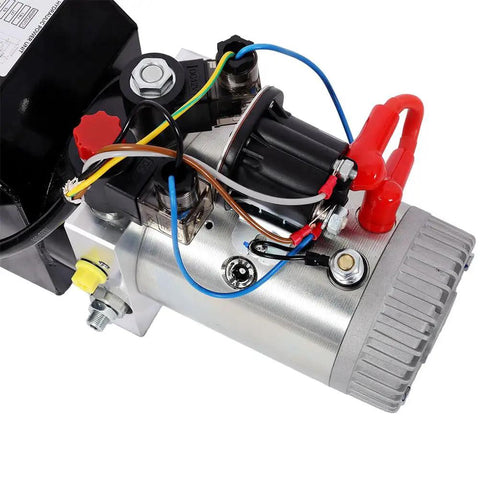 Close-up view of STANSS 12V Double Acting Hydraulic Power Unit showing motor and wiring, used for heavy duty applications.