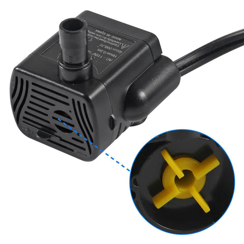 Close-up of Tiny Yet Mighty Submersible Water Pump, 3W Adjustable Flow Up To 50 GPH, featuring its black exterior and internal yellow rotor.