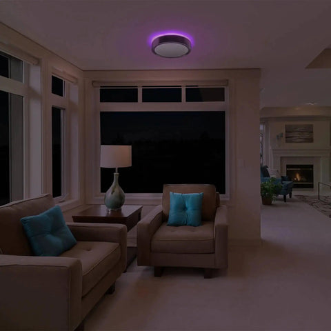 Motion Sensor LED Ceiling Light 14 Inch Dimmable 1600 Lumens Fixture With RGB Mood Lighting in living room at night