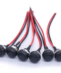 Six black 12mm momentary push button switches with pre-soldered wires, waterproof, for DIY makers, controllers, 3A 125V AC, round design.
