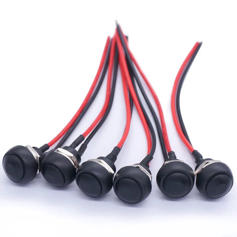 Six black 12mm momentary push button switches with pre-soldered wires, waterproof, for DIY makers, controllers, 3A 125V AC, round design.