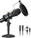 Dual USB and XLR dynamic podcast mic kit with shock mount, pop filter, stand, and cables for vocals and live streaming.