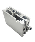 Portable XY Moving Table For Laser Marking And Engraving 210 By 150 By 75mm, aluminum build, side view with M6 holes.