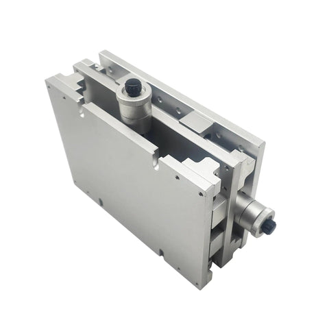 Portable XY Moving Table For Laser Marking And Engraving 210 By 150 By 75mm, aluminum build, side view with M6 holes.
