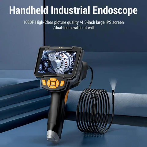 Real Deal 1080P Borescope Camera With Blinding LED Flash And Hella Sharp 4.3 Inch IPS Screen in handheld design, showcasing a detailed view of machinery.