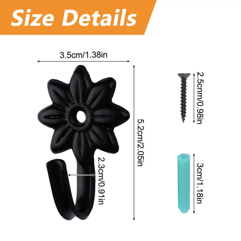 Heavy Duty Retro Flower Wall Hooks Eight Pack Slick Vintage Decorative Hardware Holds Up A Ton, shown with size details and mounting screw.