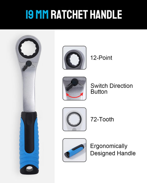 Go Through Socket Set With Three Eighths And One Half Inch Drive, Seventeen Piece Metric Ratchet Kit, 19mm ratchet handle details