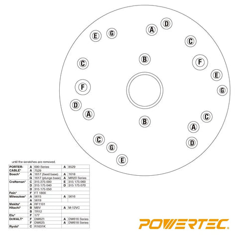 Six Point Five Inch Router Base Plate With Ten Piece Template Guide Bushing Set And Centering Pin, diagram of template holes