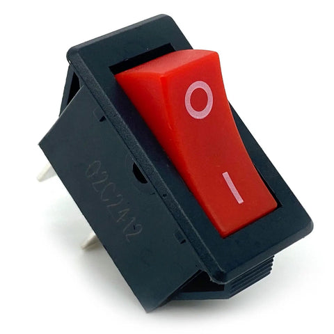 Beefy SPST Rocker Switch 2 Pin 16A 125V Or 12A 250V Push Button Control, close-up of black and red switch exterior angles.