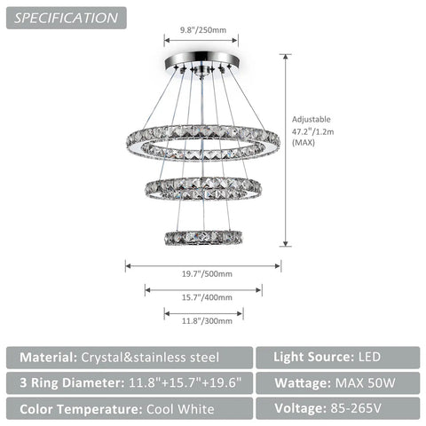 Modern Crystal Chandelier With Three Ring Pendant Lights LED Ceiling Fixture In Stainless Steel Non Dimmable Cool White 6500K, dimensions and specs diagram.