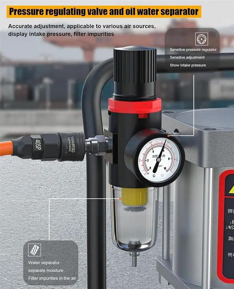 Pro Gear Air Powered Grease Pump Setup For Twenty Liter Barrels With Reinforced Hose And Ergonomic Grease Gun For Smooth High Pressure Lubrication That Gets The Job Done Right Anytime