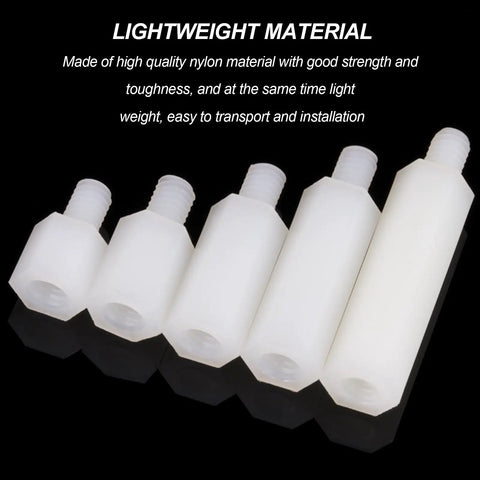 100 Stack M2.5 White Nylon Studs Hex Standoffs For Circuit Board Rig and Electronics Projects Durable Heavy Duty Non Conductive PCB Hardware Slick Finish Solid Gear showing five sizes of hex standoffs.