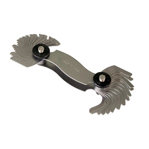 Made In USA Screw Pitch Gauge With 28 Blades For 4 To 80 TPI English Thread Gage Tool Precision Steel Thread Measuring Tool For Machinery Automotive And General Fasteners Identification showing folded blades with metal casing