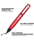 HAUTMEC copper tubing cutter, front view, red metal handheld tool with slide-resistant pocket clip.