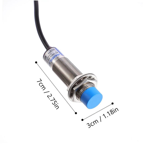 Inductive Proximity Sensor CHE18-8NA-A710 with blue cap and metal body, showing dimensions 7cm x 3cm with bracket