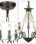 Close-ups of 9 Light French Country Rustic Farmhouse Candle Chandelier with wood beads bronze finish and 47.2 inch adjustable chain.