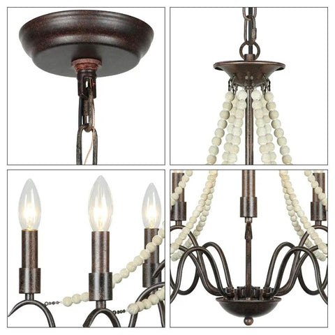 Close-ups of 9 Light French Country Rustic Farmhouse Candle Chandelier with wood beads bronze finish and 47.2 inch adjustable chain.