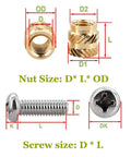 Brass Heat-Set Threaded Inserts Kit For DIY Plastic Projects M2 M3 M4 With Soldering Copper Insertion Tool 500-Piece Pack, nut and screw dimensions