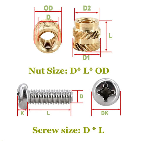 Brass Heat-Set Threaded Inserts Kit For DIY Plastic Projects M2 M3 M4 With Soldering Copper Insertion Tool 500-Piece Pack, nut and screw dimensions