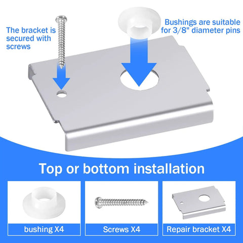 4-Pack Bi-Fold Door Pivot Repair Kit for Top or Bottom Mount showing stainless steel bracket with bushings and screws
