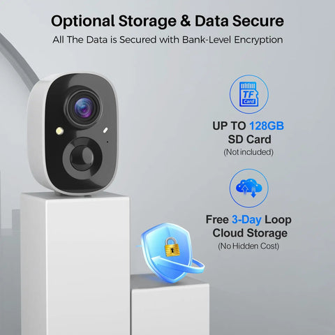 2K Battery Powered Wireless Security Camera for Indoor Outdoor Use With AI Motion Detection, Color Night Vision, IP66 Weatherproof shown on pedestal.