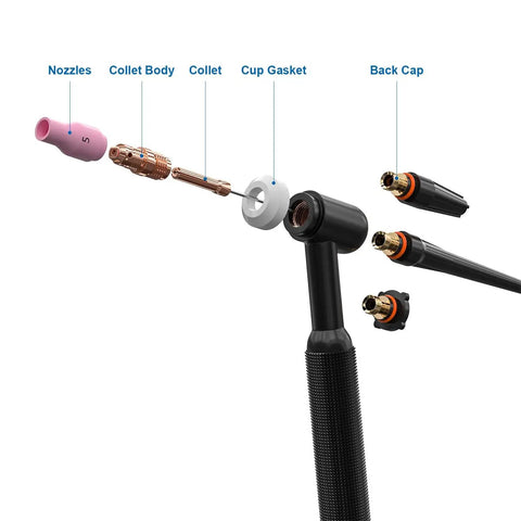 68 Piece TIG Welding Torch Stubby Gas Lens Accessories Kit for WP 17 18 26 showing nozzle, collet body, gasket, back cap