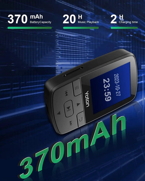 Bluetooth 5.2 MP3 Player With HiFi Sound, Pocket Sized For Gym, Sports Clip, displayed with 370mAh battery capacity details