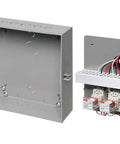 Tough As Nails Non Metallic Electronic Equipment Enclosure Box With Included Back Plate 12X12X4 Inch showing open gray enclosure with electrical components.