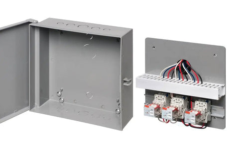 Tough As Nails Non Metallic Electronic Equipment Enclosure Box With Included Back Plate 12X12X4 Inch showing open gray enclosure with electrical components.