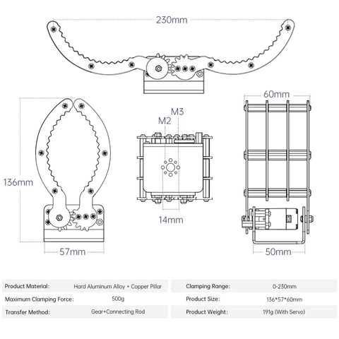 Diagram of Heavy Duty Claw Gripper For DIY Projects, Full Metal Aluminum Arm Clamp With High Torque, 0 To 9 Inch Open Range, 1 Pound Max Grab