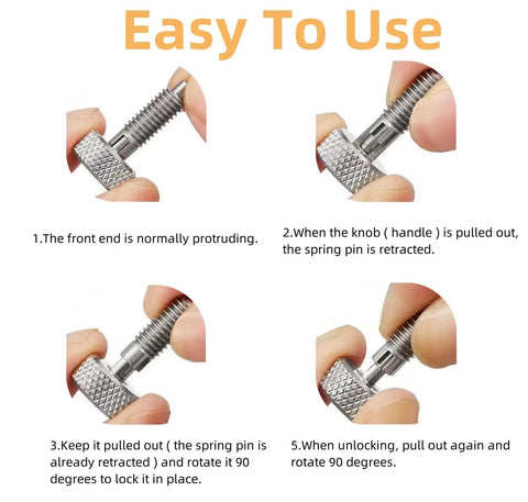 Heavy Duty Spring Plunger Pair With Zero Hassle Knurled Grip Solid Stainless Steel Quick Release Pin M6 Lock Out Assembly for easy use steps.