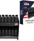 Black Junior Oil Cabinet Organizer for Garage and Trailer, Enclosed Aluminum Cabinet That Holds 12 Quarts, with packaging