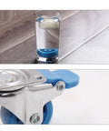 Rollin Tough Heavy Duty Castor Wheels Four Pack With Slick Nylon Rollers And Beefy Steel Mounting Plates For Couch Moves Shop Gear Ups And Weekend Hustles Delivering Smooth 360 Spin In Bright Blue in water and close-up on metal mount.