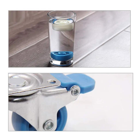 Rollin Tough Heavy Duty Castor Wheels Four Pack With Slick Nylon Rollers And Beefy Steel Mounting Plates For Couch Moves Shop Gear Ups And Weekend Hustles Delivering Smooth 360 Spin In Bright Blue in water and close-up on metal mount.