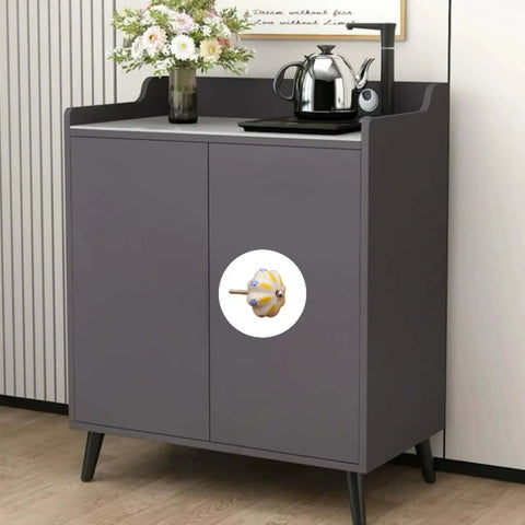 Set Of 8 Yellow And White Vintage Ceramic Drawer Knobs With Classic Spade Cabinet Door Pulls For A Dope Home Setup And Killer Retro Vibe That Delivers Smooth Daily Function on a gray cabinet.