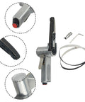 Heavy Lifting Pneumatic Air Belt Sander And Grinder With 10X330MM Platform showing tool features, including pad, air connector, and operational parts.
