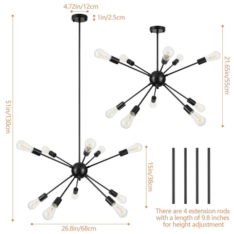 Sputnik Style 10 Light Ceiling Pendant Sleek Dope Modern Industrial Vintage Hanging Lights With Adjustable Height diagram