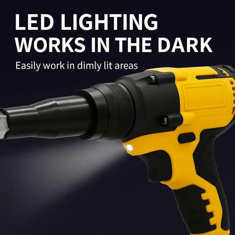 Smooth Operator Cordless Pop Rivet Gun With Brushless Motor Works With 20 Volt Batteries Includes Aluminum Rivets 1 8 5 32 3 16 Inch No Sweat Heavy Duty Pro Tool with LED light for dim lighting.