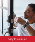 Man installing Aura Bluetooth Programmable Keypad Door Lock Deadbolt With SmartKey Security, Venetian Bronze Finish