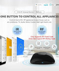 IR and RF Universal Remote Hub With WiFi Code Learning overview with control features, compatible appliances, and frequency details.