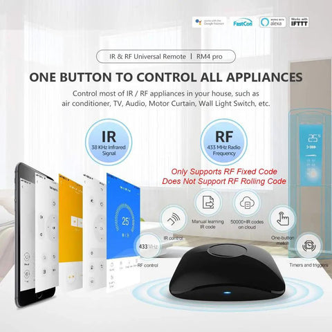 IR and RF Universal Remote Hub With WiFi Code Learning overview with control features, compatible appliances, and frequency details.
