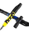 Real Deal Four Piece Mini Pen Screwdriver Kit Featuring Versatile Four In One Double End Bits For Phillips And Flathead Jobs Great For Tight Spaces And On The Fly Fixes, showcasing two compact screwdrivers in black with yellow and blue accents.