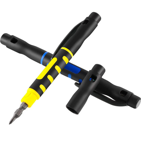 Real Deal Four Piece Mini Pen Screwdriver Kit Featuring Versatile Four In One Double End Bits For Phillips And Flathead Jobs Great For Tight Spaces And On The Fly Fixes, showcasing two compact screwdrivers in black with yellow and blue accents.