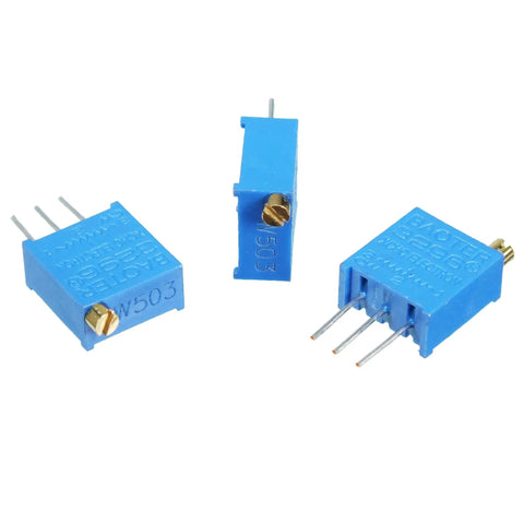 Pro Grade 60Pcs 12 Value 3296W Multiturn Trimmer Potentiometer Kit showing blue variable resistors with top adjustment
