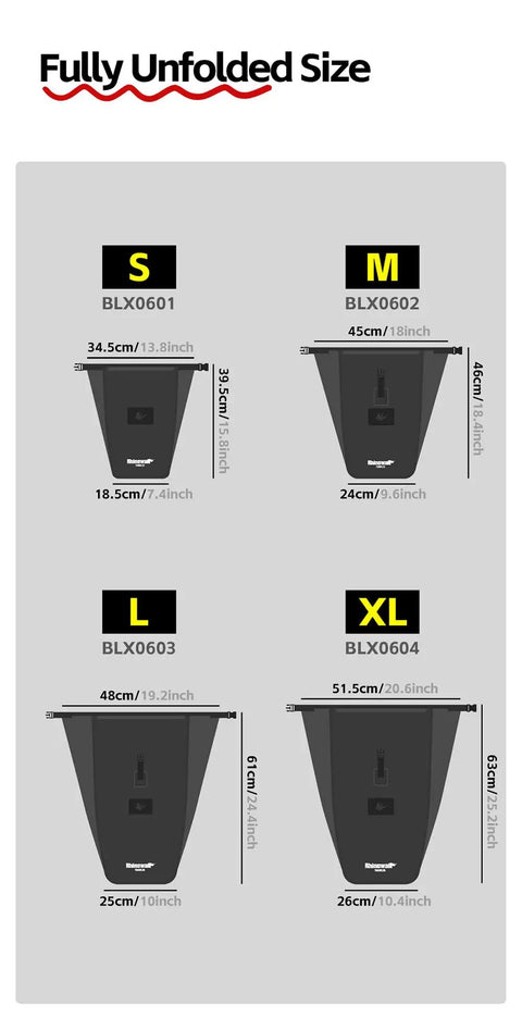 Size chart for Waterproof Bike Pannier Bag 25L With Quick Release TPU Coating And Reflective Design Shoulder Strap Included