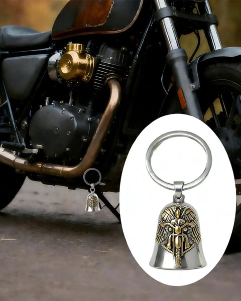 Gremlin Bell Good Luck Charm Motorcycle Keychain For Bikers Ride Safe Protector Against Bad Luck And Mechanical Trouble Guardian Angel Talisman For Your Ride With Silver And Gold Finish hanging on bike