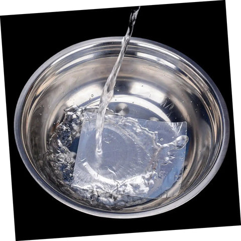 Aluminum Epoxy Patch Tape For Pots And Pans Nonstick Leak Stop Tape 10 Sheets shown sealing a stainless steel basin with water flowing over it.