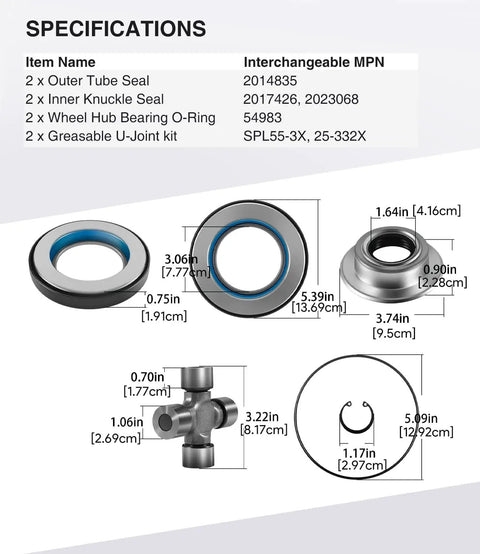 Heavy Duty Front Axle Seal U Joint Kit With Inner Knuckle Oil Seals Outer Tube Seals And Hub O Rings For 2005 Through 2019 Ford Super Duty F250 F350 F450 F550 Dana 60, size chart and parts