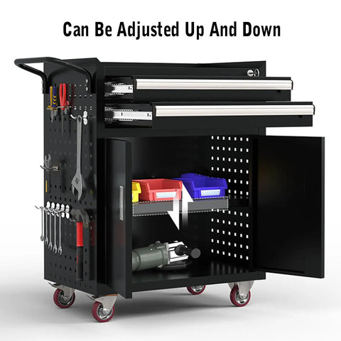 Heavy Duty 2 Drawer Tool Cart On Wheels With Pegboard And Screwdriver Holder, Rated To 660 Lbs, black steel cart with open cabinet and casters