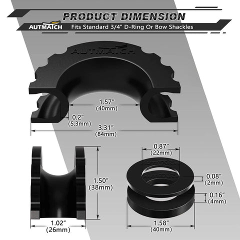 D Ring Shackle Isolators And Washers Kit For 3/4 Inch Shackles, dimensions of black rubber isolators and washers, detailed view